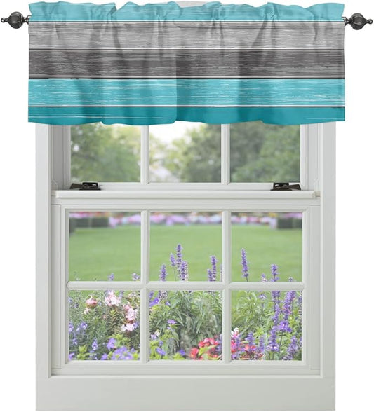 Farmhouse Kitchen Curtains Valances for Windows , Aqua Blue Gray Rod Pocket Country Window Treatment for Kitchen /Living Room/Bedroom/ Bathroom,42" X 12" -1 Panel, Retro Rustic Barn Wood Texture