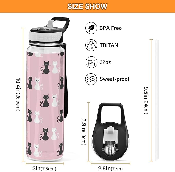 Black White Cat Water Bottle with Straw colorful Sports Bottles BPA-Free Tritan Water Jug with Carrying Strap for Women Men Gym
