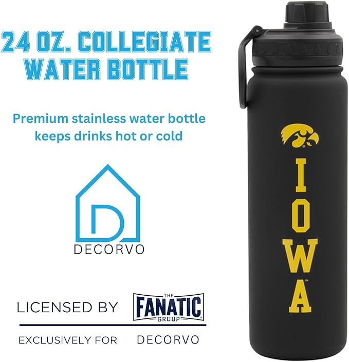 University of Iowa Water Bottle - Black Double Walled Stainless Steel 24 oz Keeps Drinks Cold or Hot