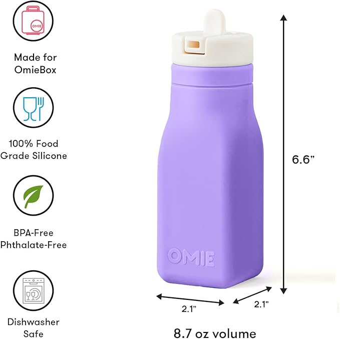 OmieBox Reusable Silicone Water Bottle - 8.7 oz, Straw Top, BPA-Free & Phthalate-Free, Leak-Proof (Purple)