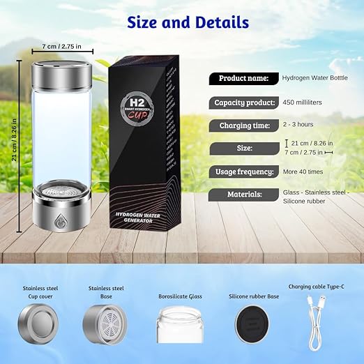 Hydrogen Water Bottle - Ionized Water Machine - Portable, Rechargeable, 450 ml with SPE/PEM Technology - Hydrogen Rich Water, 1600 PPB in 3 Minutes of Quick Electrolysis