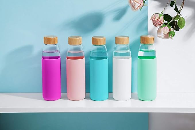 veegoal Glass Water Bottles 18 Oz Borosilicate with Bamboo Lid, BPA-FREE, Non-Slip Silicone Sleeve, and Stainless Steel Leak Proof Lid - Glass Water Bottle for Men and Women