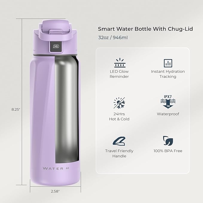 BOOST Smart Water Bottle with Reminder to Drink Water & Water Tracker Bottle - Double Wall Vacuum Insulated Water Bottle Stainless Steel, Wide Mouth 32 oz Water Bottles, Ideal for Gift - Purple