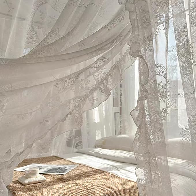 Elegant Lace Princess 4 Corner Post Mosquito Net Romantic for Girls Women Bed Curtain Canopy for Adult Wedding Bedroom Kids Rooms Decoration (Color-A, Queen)