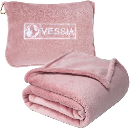 Vessia Travel Blanket for Airplane, Train and Car, Warm and Soft Travel Blanket and Pillow 2 in 1 for Adults and Kids, Portable Compact Long Flight Blanket with Luggage Sleeve, Backpack Clip(Pink)