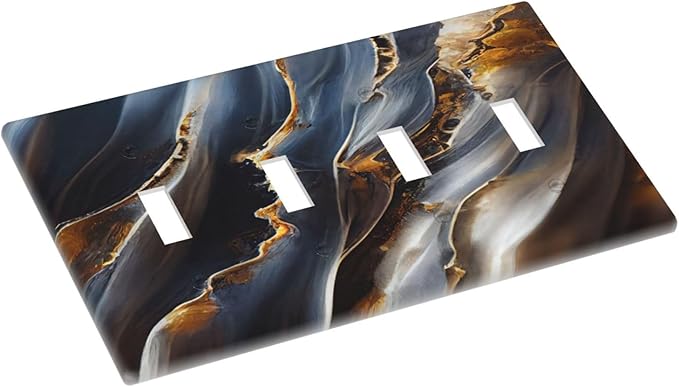Gradient Abstract Ripple Blue Gold Marble Printed Quad Toggle Light Switch Covers 4 Gang Wall Plate Decorative Switchplate Electrical Faceplate for Kitchen Bathroom Bedroom Decor
