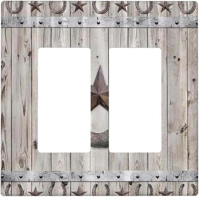 Rustic Western Wood Barn Door Horseshoe Iron Star 2 Gang Rocker Decora Light Switch Covers Dual Outlet Covers Wall Plate Decorative Switchplate Electrical Faceplate GFCI for Farmhouse Bedroom