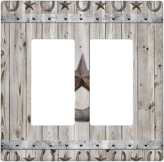 Rustic Western Wood Barn Door Horseshoe Iron Star 2 Gang Rocker Decora Light Switch Covers Dual Outlet Covers Wall Plate Decorative Switchplate Electrical Faceplate GFCI for Farmhouse Bedroom