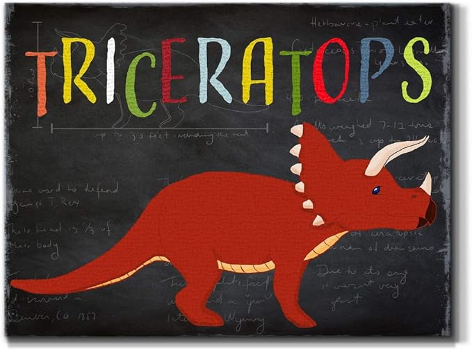 Renditions Gallery Canvas Animal Wall Art Modern Decorations Paintings Colorful Playful Triceratops Vibrant Dinosaur Canvas Wall Hanging Artwork for Kids Bedroom Nursery - 12"x18" LT33