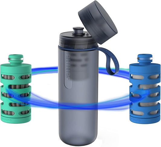 PHILIPS Water GoZero Active BPA-Free Water Bottle with Adventure River/Lake/Spring Water Filter for Hiking, Camping & Fitness Tap Water Filter for Gym, Sport Squeeze Bottle, Lightweight, Blue, 20 oz