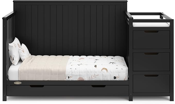 Graco Hadley 5-in-1 Convertible Crib and Changer with Drawer (Black) – GREENGUARD Gold Certified, Crib and Changing Table Combo with Drawer, includes Baby Changing Pad, Converts to Full-Size Bed