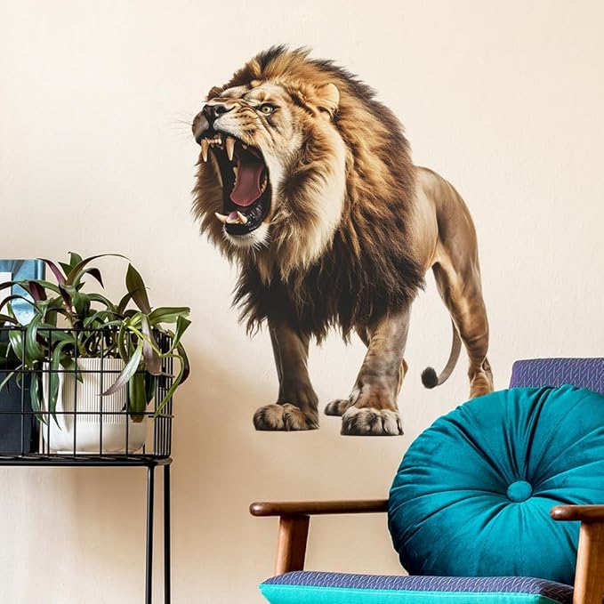 Large Fierce Lion Wall Decal Cool Cool Tropical Animal Wall Stickers 22" × 25" Peel and Stick Lion Wall Art Sticker for Kids Room Playroom Classroom Nursery Decor