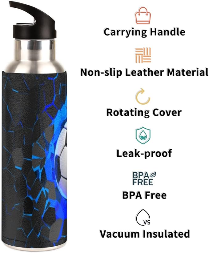 Insulated Stainless Steel Water Bottle with Straw 20oz Blue Black 3d Sport Soccer Football Sports Water Bottles BPA Free Leakproof Metal Vacuum Flask Jug for Kids Gym Fitness