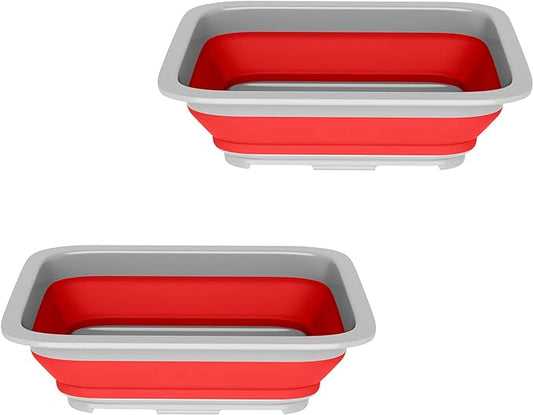 Set of 2 Multipurpose Wash Bins – 10-Liter Basins for Camping, Parties, or Cleaning – Collapsible Bucket Set by Wakeman (Red)