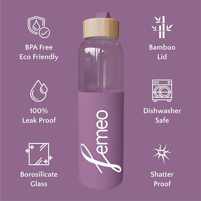 Femeo® Glass Water Bottle for Women | Eco, Yoga & Gym Friendly, 18oz | 100% Leakproof, BPA-Free, Dishwasher Safe, Borosilicate Drinking Glass Bamboo Sports Cap Purple