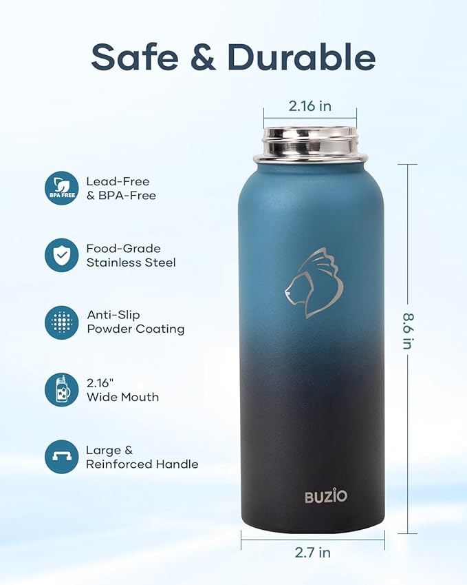 BUZIO 40 oz Insulated Water Bottle, Keep Cold 48h Stainless Steel Water jug with Straw Lid and Carrying Pouch, Lead-Free Leak Proof Double Wall Vacuum Metal Canteen for Sports Gym Beach, Indigo Crush