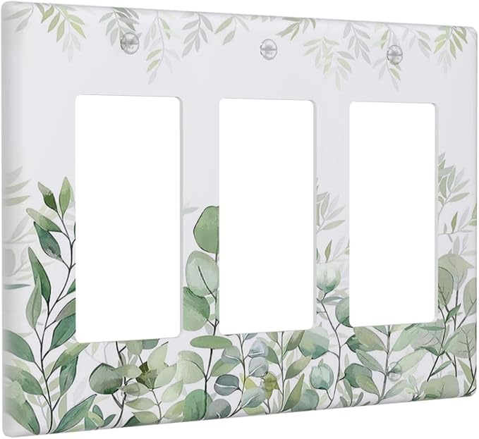 Green Eucalyptus Rustic Botanical Plant Leaves 3 Gang Rocker Boho Light Switch Covers Decorative Triple Outlet Wall Plate Cover Faceplate Decorative Switchplate GFCI for Country Bedroom Decor