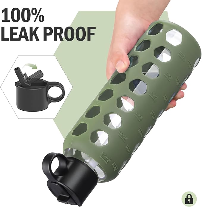 MUKOKO Glass Water Bottles, 24oz Glass Tumbler, Drinking Bottles with 2 Lids-Handle Flip Straw Lid&Bamboo Lid, Motivational Water Bottle with Time Marker and Silicone Sleeve, Leakproof-1 Pack-Olive