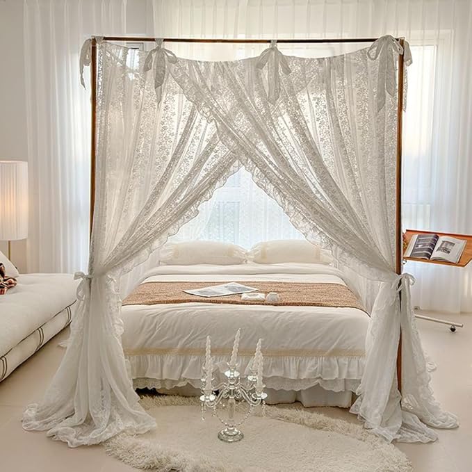 Elegant Princess 4 Corner Post Mosquito Net Romantic for Girls Women Bed Curtain Canopy for Adult Wedding Bedroom Kids Rooms Decoration (Type2-White-Flower, California King)