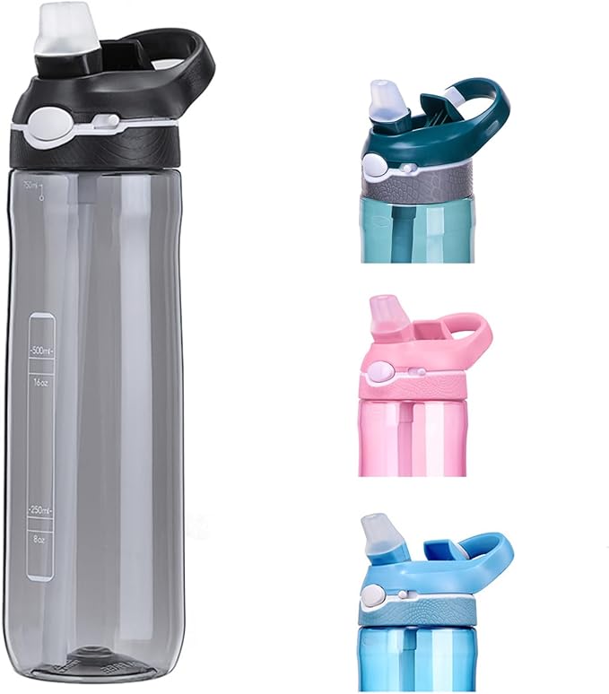 SHELFLOVER Black Water Bottle With Narrow Straw, BPA FREE Clear Bottles With Handle One Hand Use Easy Carried, Flip Up, Suit School, Office, Gym, Office, 24oz (750ml), SLWB24OZP