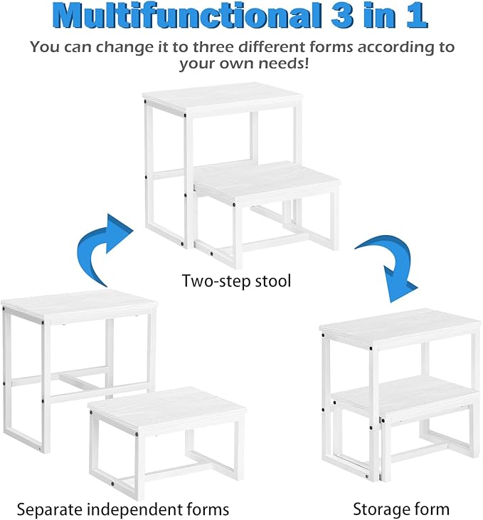 LIANTRAL Step Stools for Adults Kids, 3 in1 Heavy Duty Sturdy Two Step Stool, Supports Up to 500lb, Wooden Board Metal Frame, Foot Stool for High Bed Kitchen Bathroom - White