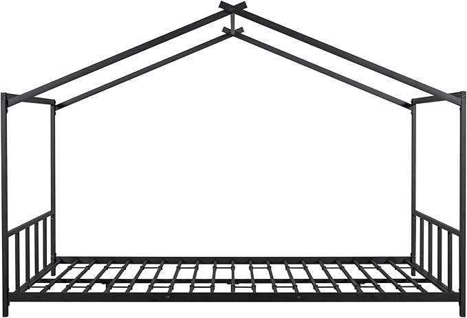 Full Size Montessori Floor Bed with Headboard and Footboard, Metal House Bed Frame with Soundproof Strip for Children, Toddlers, Boys, Girls Bedroom, Kids Playroom, No Box Spring Needed(Black)