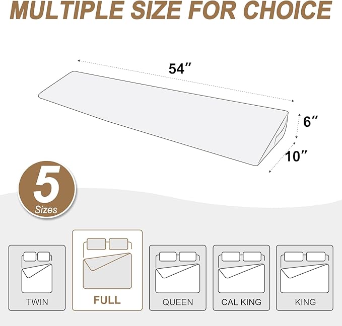 WdFour Bed Wedge Pillow, Close Off Headboard, Wall and Mattress Gap. Incline, Slanted Sweat-Proof Pillow for Neck and Back Pain Relief Anti-snoring for Comfortable Sleeping.(Off-White,54Wx10Dx6H)