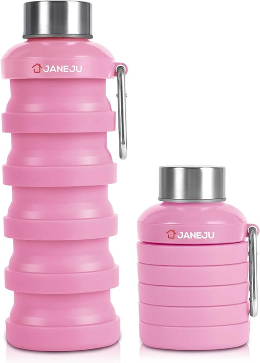 JaneJu Collapsible Water Bottle, 17oz BPA Free Silicone Reusable Portable Lightweight Foldable Water Bottles with Carabiner, Portable Leak Proof Sports Water Bottle (Pink)