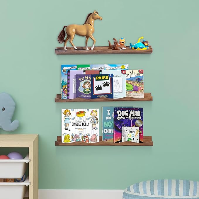 AZSKY Nusery Book Shelves for Kids, Picture Ledge Shelf for Wall Decor and Storage, Floating Photo Shelves with Lip for Picture Frames (Walnut, 23.6 Inches)