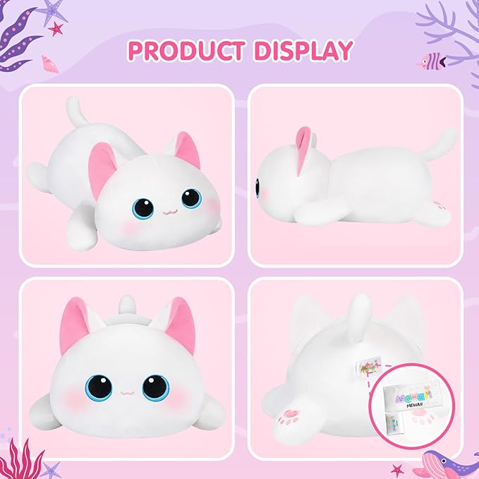 Cute Cat Plush Pillow, Kawaii Plushies White Cat Stuffed Toys, Squishy Plushies, Cuddle Body Pillow for Kids & Girls
