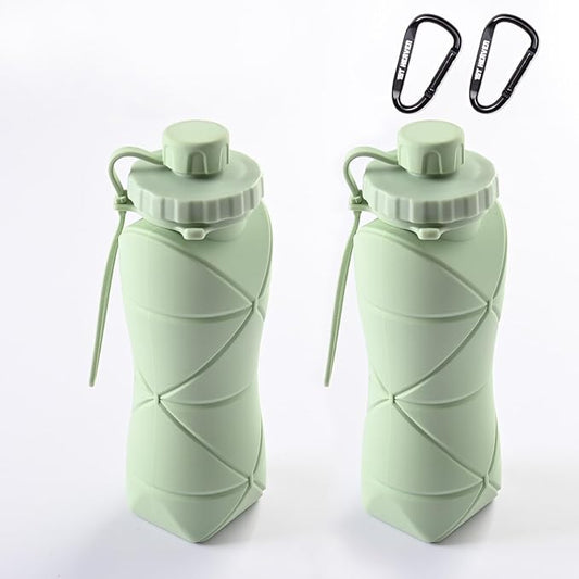 Collapsible Water Bottle, Silicone Foldable Water Bottles For Travel, Easy-To-Carry Design And Compact Size, BPA Free, 20 oz (2PC, Green & Green)