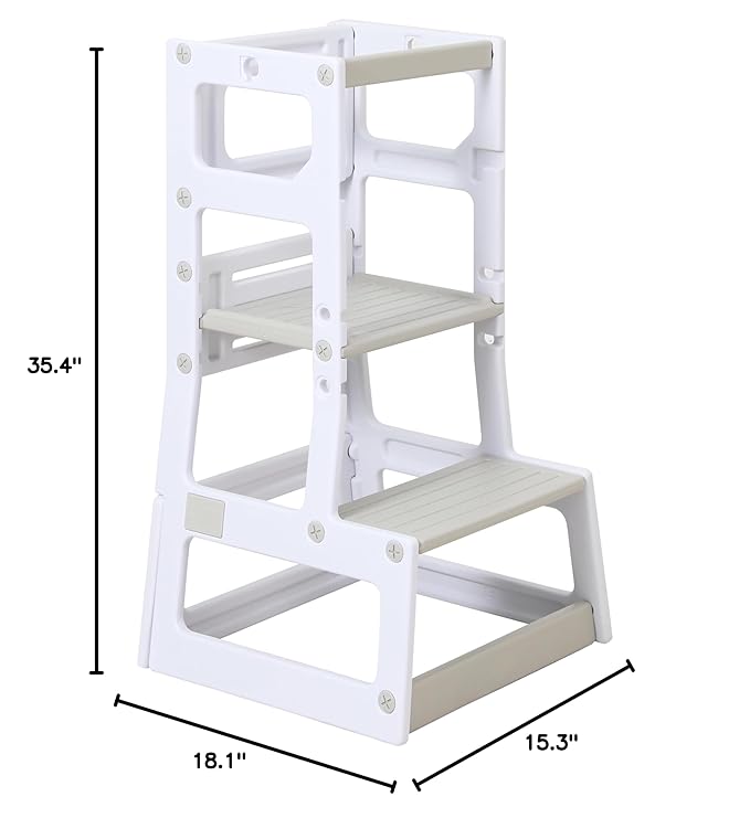 SDADI Mother's Helper Adjustable Height Plastic Kitchen Step Stool for Children, Kids Toddlers Counter Level Learning Stool for Kitchen & Bathroom,Beige and Light Grey