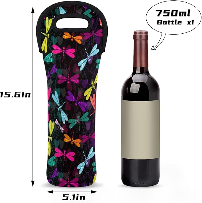 Dragonfly Ornaments Wine Gift Tote Carrier Black Purple Neoprene Wine Tote Bags Holder Cooler Wine Lover Gift