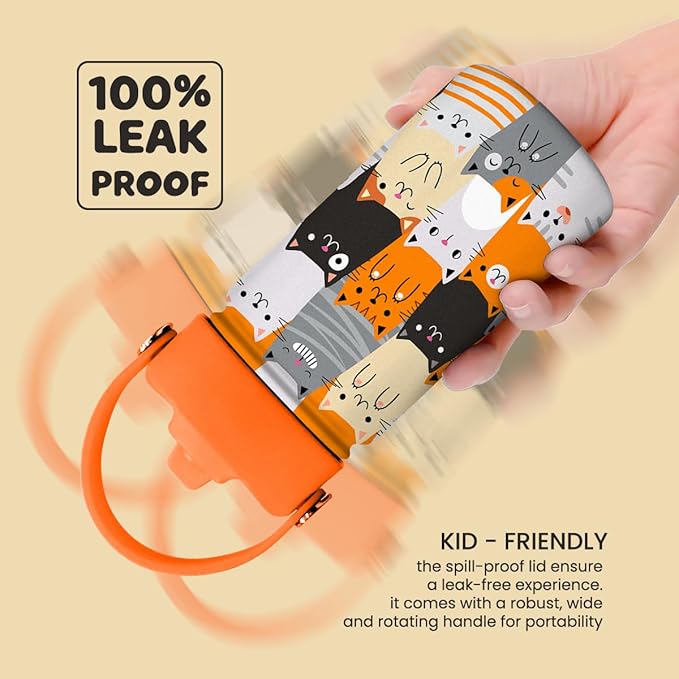 Cat Water Bottle - Kids Water Bottle with Straw Lid - 12 Oz Insulated Stainless Steel Water Bottles for Toddlers Kid Boys Girl - Travel Cup for School Sports