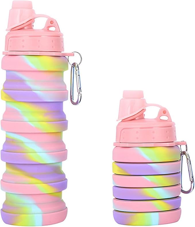 Collapsible Water Bottles Two Pack Travel Sports Portable Sport Water Bottle comes with mountaineering Buckle 500ml silicone Water-proof camping water bottle (Pink camouflage+Pink camouflage)
