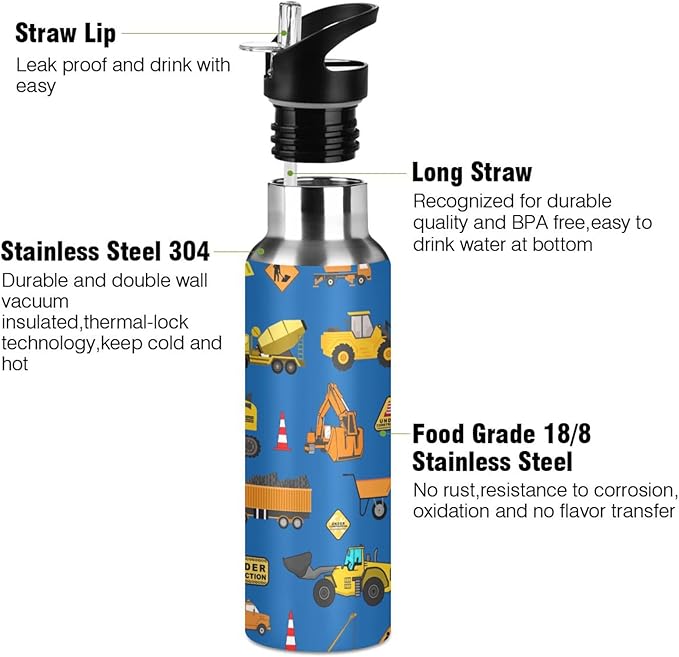 Construction Stainless Steel Water Bottle with Straw Lid - 20 Oz Sports Insulated Water Bottle Thermos for Sport Gym Outdoor Travel School
