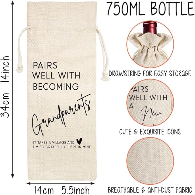 Qubereeree New Grandparent Gift, Pairs Well with Becoming Grandparent Gift, Baby Shower Wine Gift Bag Baby Announcement Pregnancy Reveal Gifts for Grandparent, New Grandpa Grandma to be Wine Bag