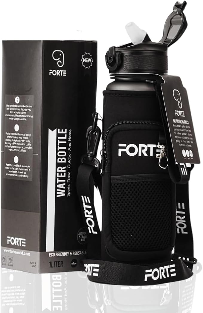 FORTE Plastic Water Bottle with Sleeve - BPA-Free Water Jug with Leak Proof Lid and Straw - Perfect for Gym, Office, and Everyday Use (Black)