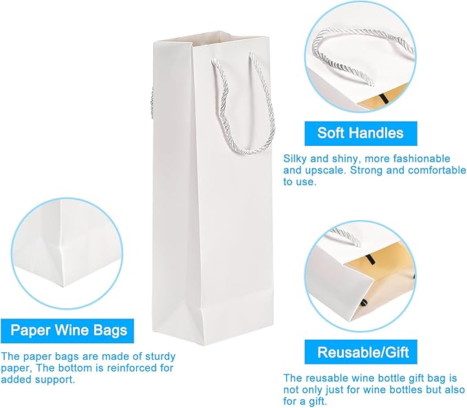 uxcell Wine Bags, 12pcs White 5 x 4 x 14 In Wine Gift Bags with Rope Handles Paper Wine Tote Bag for Wedding Birthday Christmas Party Supplies