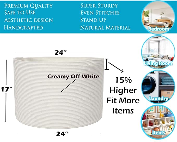 24" x 24" x 17" Max Size Large Cotton Rope Basket, Extra Large Storage Basket, Woven Laundry Hamper, Cloth Storage Bin, for Blankets Clothes Towels Pillows in Living Room, All White