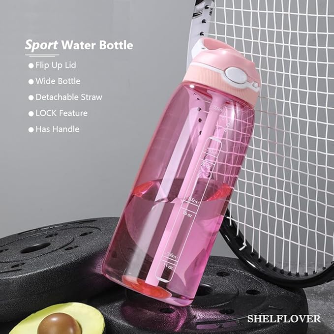 SHELFLOVER Pink Water Bottle With Narrow Straw, BPA FREE Clear Bottles With Handle One Hand Use Easy Carried, Flip Up, Suit School, Office, Gym, Office For Women, 32oz (1000ml)