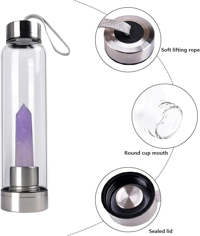 Natural Amethyst Glass Water Bottle Vitality Crystal Energy Stick Water Cup Sports Portable Drinking Water Bottle Gemstone Setting Balance Healing Women Men Gifts