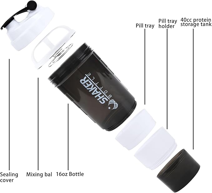 Shaker Bottle - Protein Shaker Cup with Storage Compartments - Leak-proof Workout Shake Bottles with Mixer for Smooth Mixing-500ML/16oz (WHITE & BLACK)