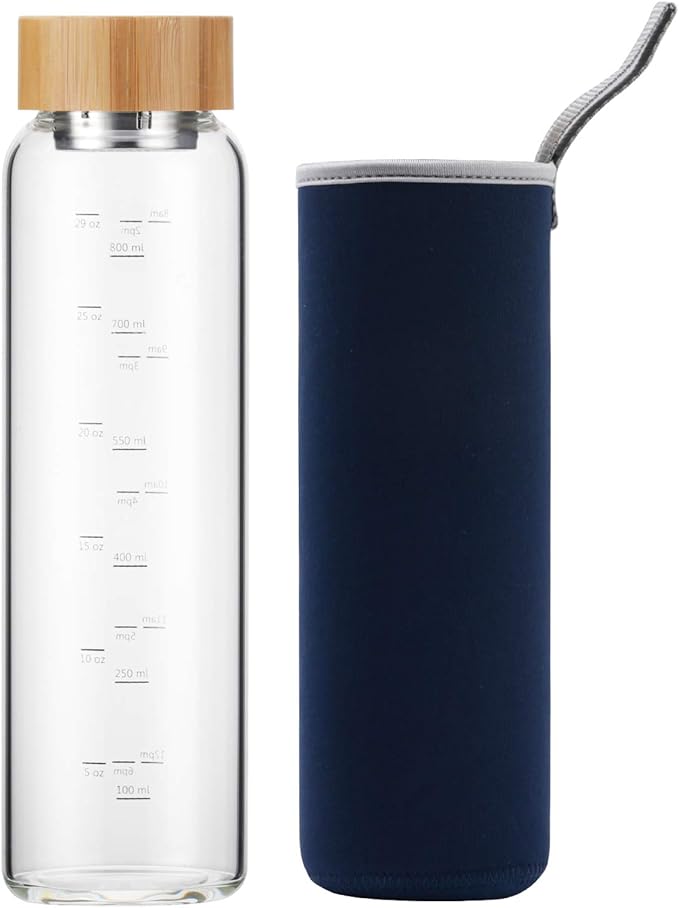 Glass Water Bottle 32 oz Wide Mouth with Sleeve Bamboo Lid Motivational Water Bottle With Time Marker Reusable Safe for Hot Cold Drinks Bpa Free (Navy Blue)
