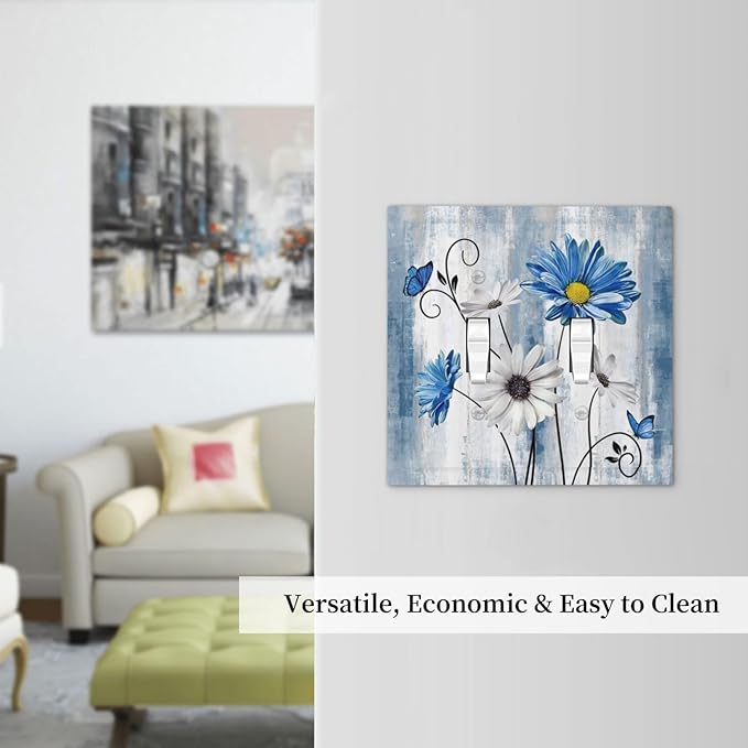 Rustic Teal Blue Daisy Floral Double Toggle Light Switch Covers 2 Gang Wall Plate Dual Decorative Switchplate Electrical Faceplate for Country Bathroom Bedroom Kitchen Decor