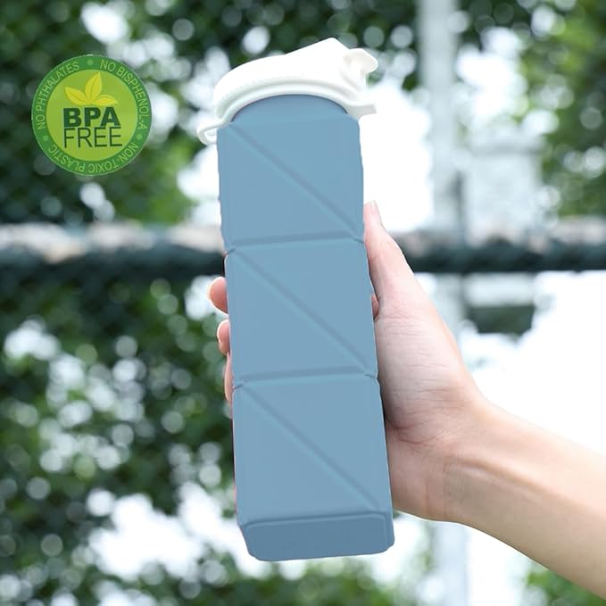 620ml Silicone Foldable Water Bottle with Straw Lid - Lightweight, Reusable, & Leakproof for Travel, Camping, Hiking, & Sports (BLUE)