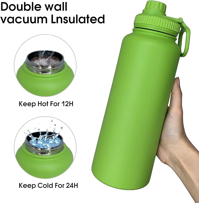 40oz Insulated Water Bottle ，Stainless Steel Sports Water Cup Flask with 2 Lids, Wide Mouth Travel Thermal Mug,Outdoor Sports Bottle（Lemon Green）