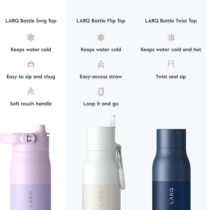 LARQ Bottle Swig Top 23oz - Insulated Stainless Steel Water Bottle With Built-In Silicone Handle | Thermos, BPA Free | Reusable Water Bottle for Sports, Gym, and Travel, Luberon Lavender