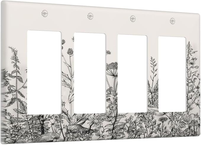 Vintage Grey Floral Herbs Wild Flowers Botanical 4 Gang Rocker Decora Boho Light Switch Cover Decorative Country Unique Outlet Covers Wall Plate Electrical Faceplate Switchplate GFCI