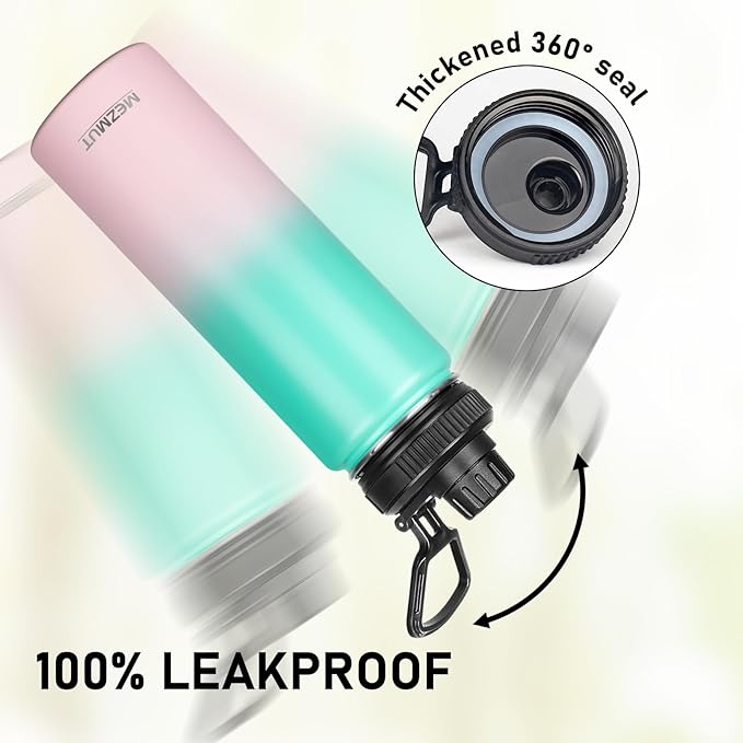 Insulated Water Bottle 24oz Stainless Steel Water Bottles with Straw&3 Lids Sports Metal Water Bottle Thermos Cup Double Walled Vacuum Insulated Bottles Leak-Proof Travel (Gradient Green Pink)